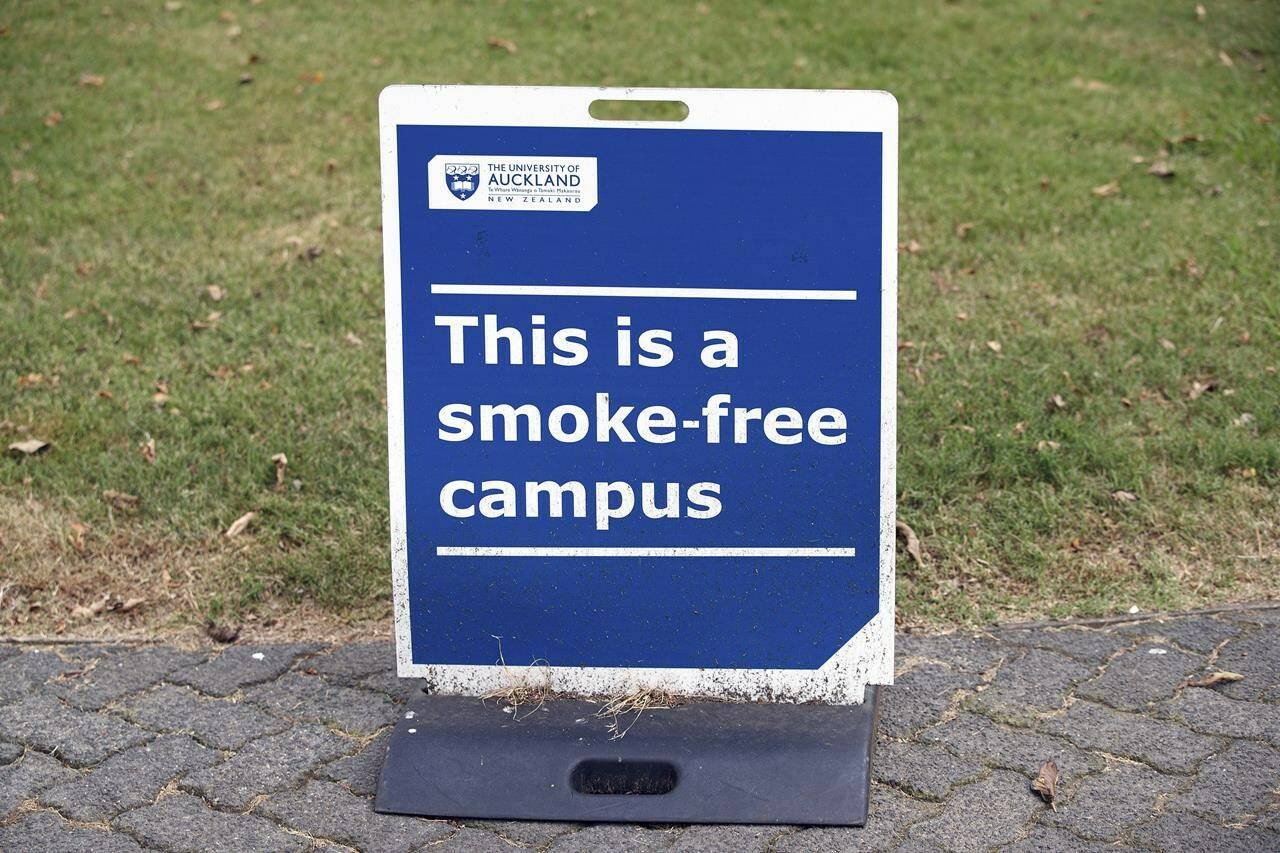 In a bold bid to stop young people from smoking, health officials in P.E.I. are proposing a ban on tobacco sales to anyone born after a certain date. A sign indicates that the University of Auckland campus is smoke-free, shown in Auckland, New Zealand, on Thursday, Dec. 9, 2021. THE CANADIAN PRESS/AP/David Rowland
