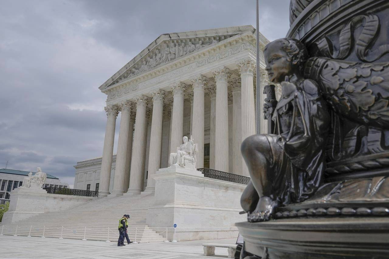 The U.S. Supreme Court is seen, Thursday, April 25, 2024, in Washington. The U.S. Supreme Court on Thursday took up Donald Trump’s bid to avoid prosecution over his efforts to overturn his 2020 election loss to Democrat Joe Biden. (AP Photo/Mariam Zuhaib)