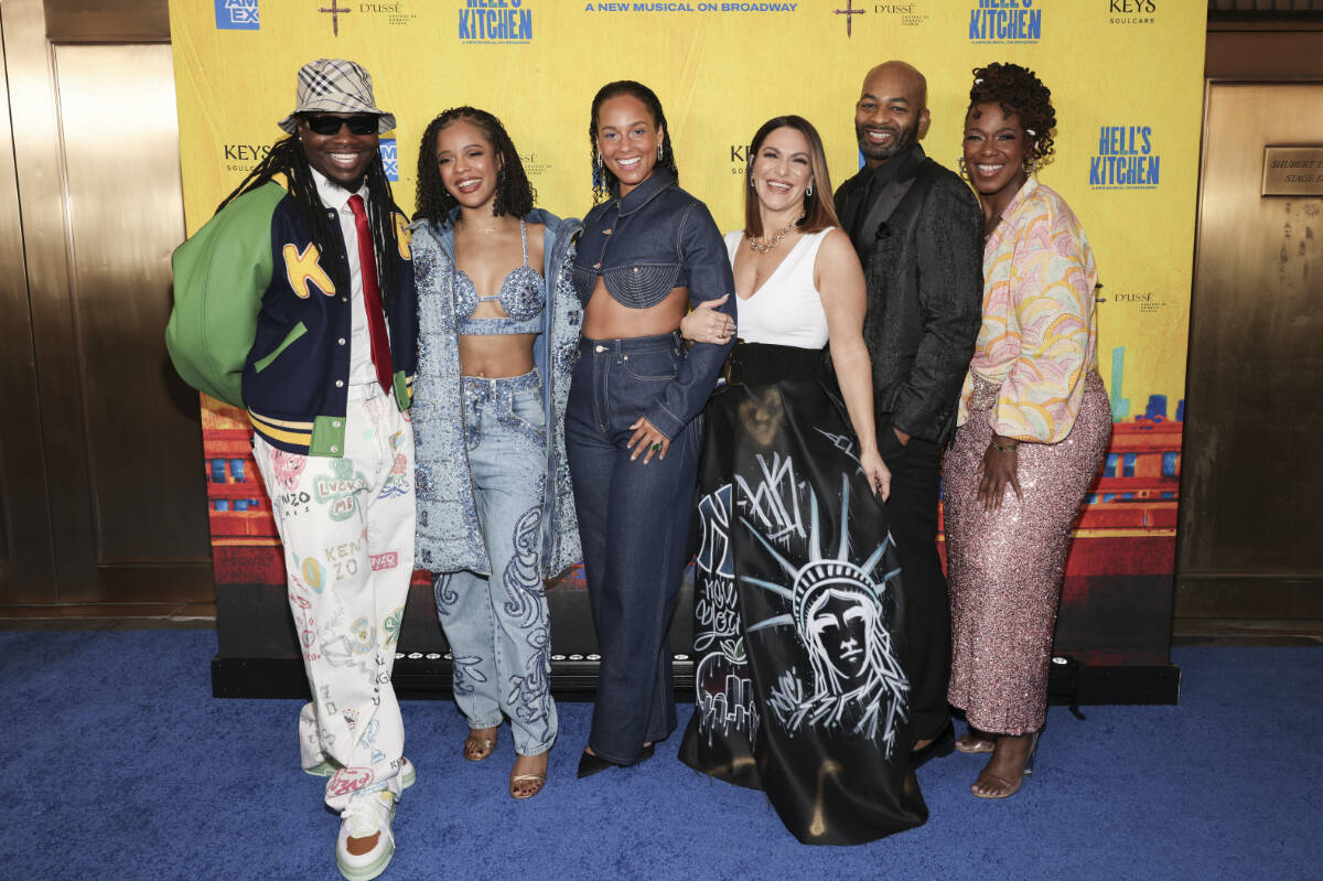 Chris Lee, from left, Maleah Joi Moon, Alicia Keys, Shoshana Bean, Brandon Victor Dixon, and Kecia Lewis attend the “Hell’s Kitchen” Broadway musical opening night performance at the Shubert Theatre on Saturday, April 20, 2024, in New York. (Photo by CJ Rivera/Invision/AP)