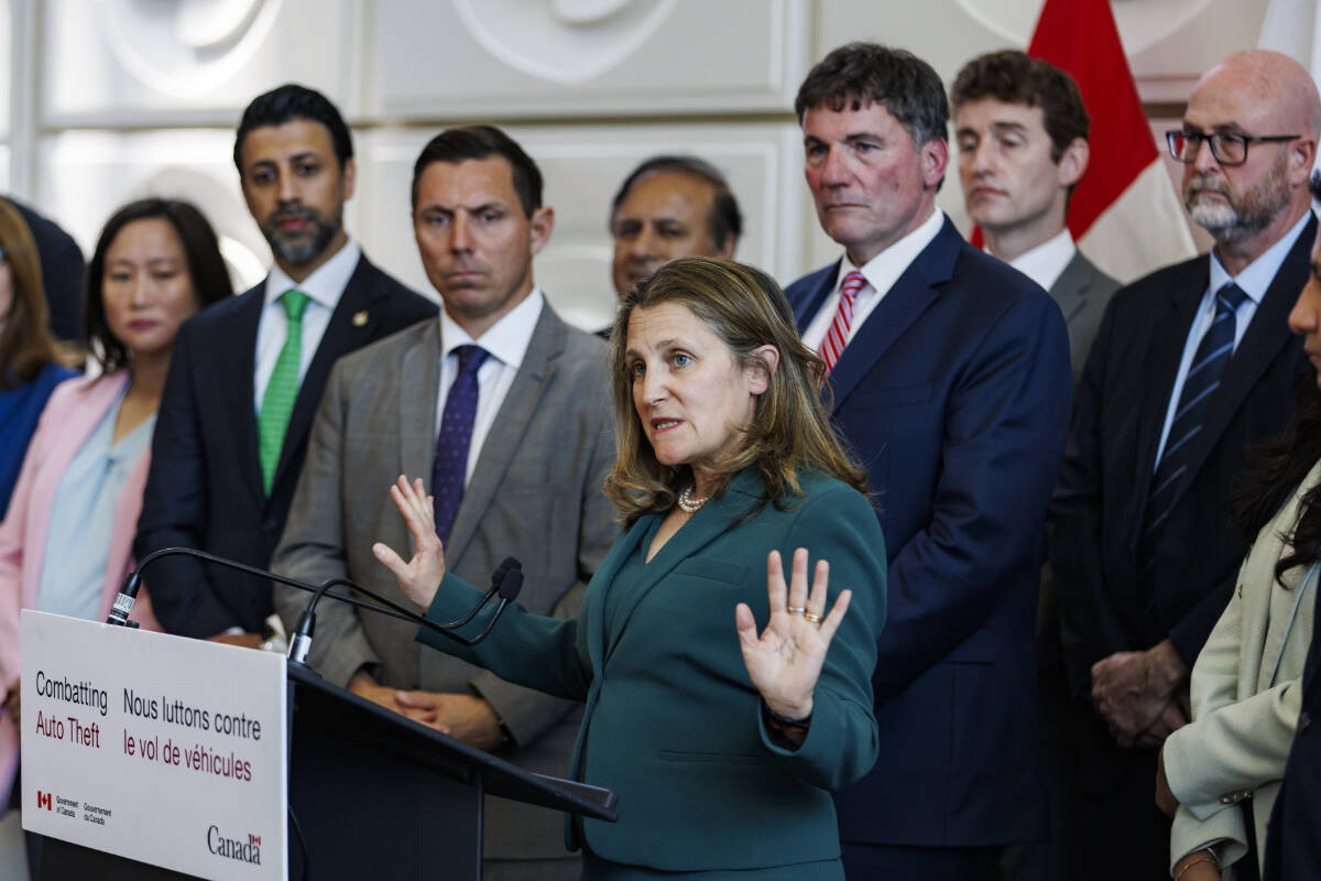 Deputy Prime Minister Chrystia Freeland speaks during a press conference announcing new measures the government is taking to combat auto theft in the Canada, in Brampton, Ont., Monday, May 20, 2024. THE CANADIAN PRESS/Cole Burston