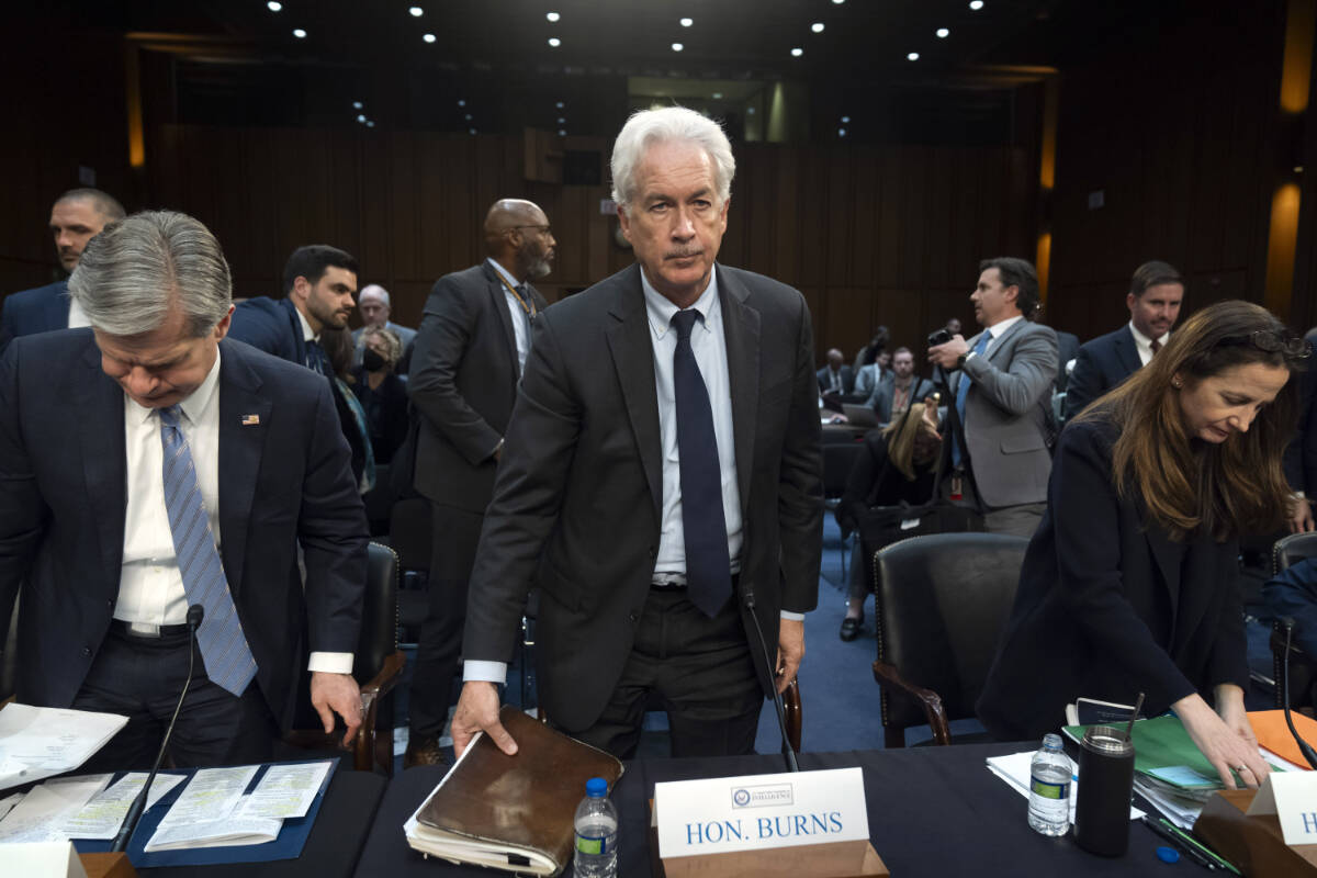 CIA director William Burns prepares to leave after the open portion of a hearing of the Senate Intelligence Committee on Capitol Hill, Monday, March 11, 2024, in Washington. (AP Photo/Mark Schiefelbein)