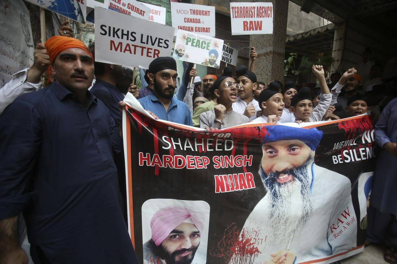 Members of Sikh community hold a protest against the killing of Hardeep Singh Nijjar, in Peshawar, Pakistan, Wednesday, Sept. 20, 2023. Four Indian nationals accused in the murder of British Columbia Sikh activist Hardeep Singh Nijjar will all appear in court today. THE CANADIAN PRESS/AP-Muhammad Sajjad