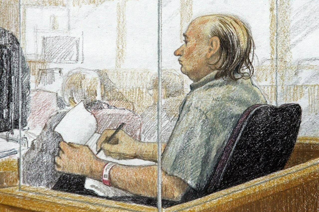An artist’s sketch Robert Pickton taking notes during the second day of his trial in B.C. Supreme Court in New Westminster, B.C., Tuesday January 31, 2006. THE CANADIAN PRESS/Jane Wolsack