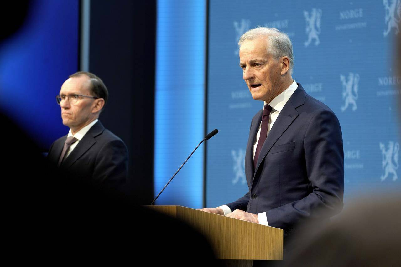 Norway’s Prime Minister Jonas Gahr Store, right, with Foreign Minister Espen Barth Eide, speaks during a news conference in Oslo, Norway, Wednesday, May 22, 2024. Israel’s Foreign Minister Israel Katz has ordered Israel’s ambassadors from Ireland and Norway to immediately return to Israel, as Norway said it would recognize a Palestinian state and Ireland was expected to do the same. (Erik Flaaris Johansen/NTB Scanpix via AP)