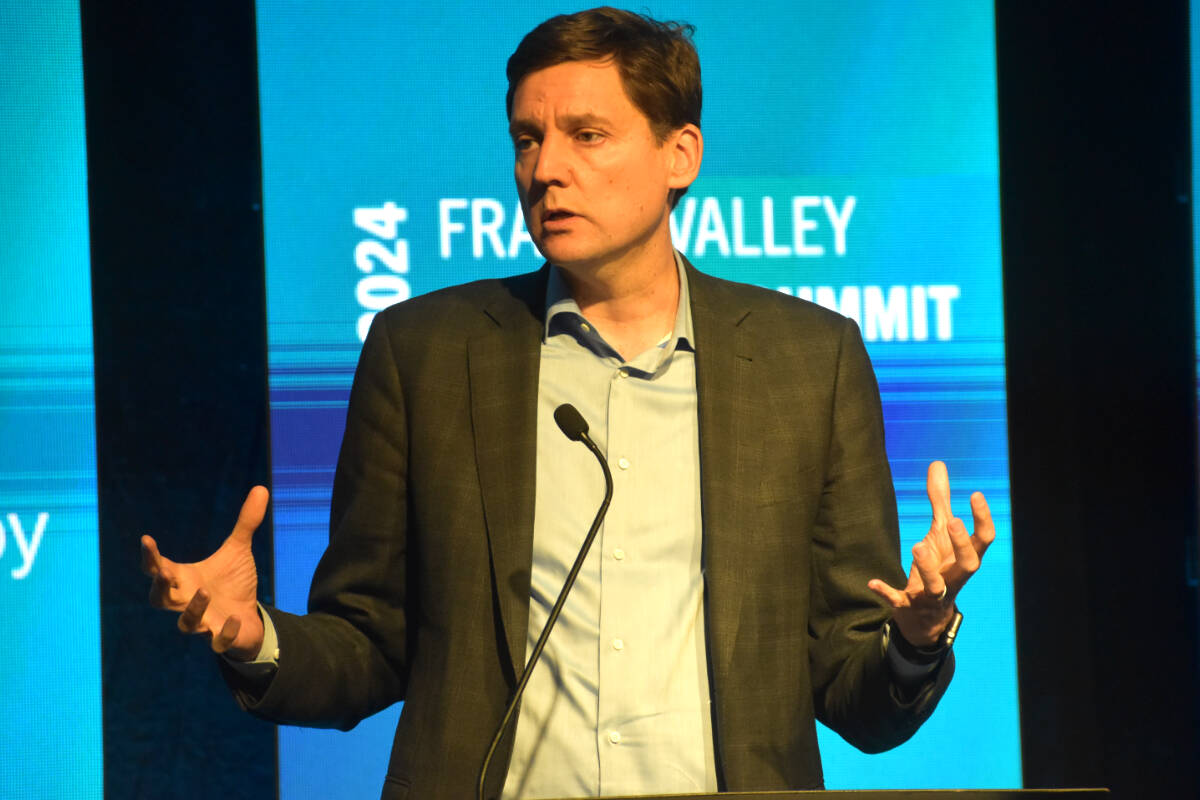 B.C. Premier David Eby, here seen addressing the Fraser Valley Economic Summit on Tuesday (May 21), has reason to smile over a new Research Co poll, which gives him a personal approval rating of 54 per cent, 12 points better than support for the B.C. NDP. The poll sees the B.C. Conservatives in second place with 32 per cent, while the B.C. Greens and B.C. United — the official opposition — are tied with 12 per cent each. (Ben Lypka/Abbotsford News)