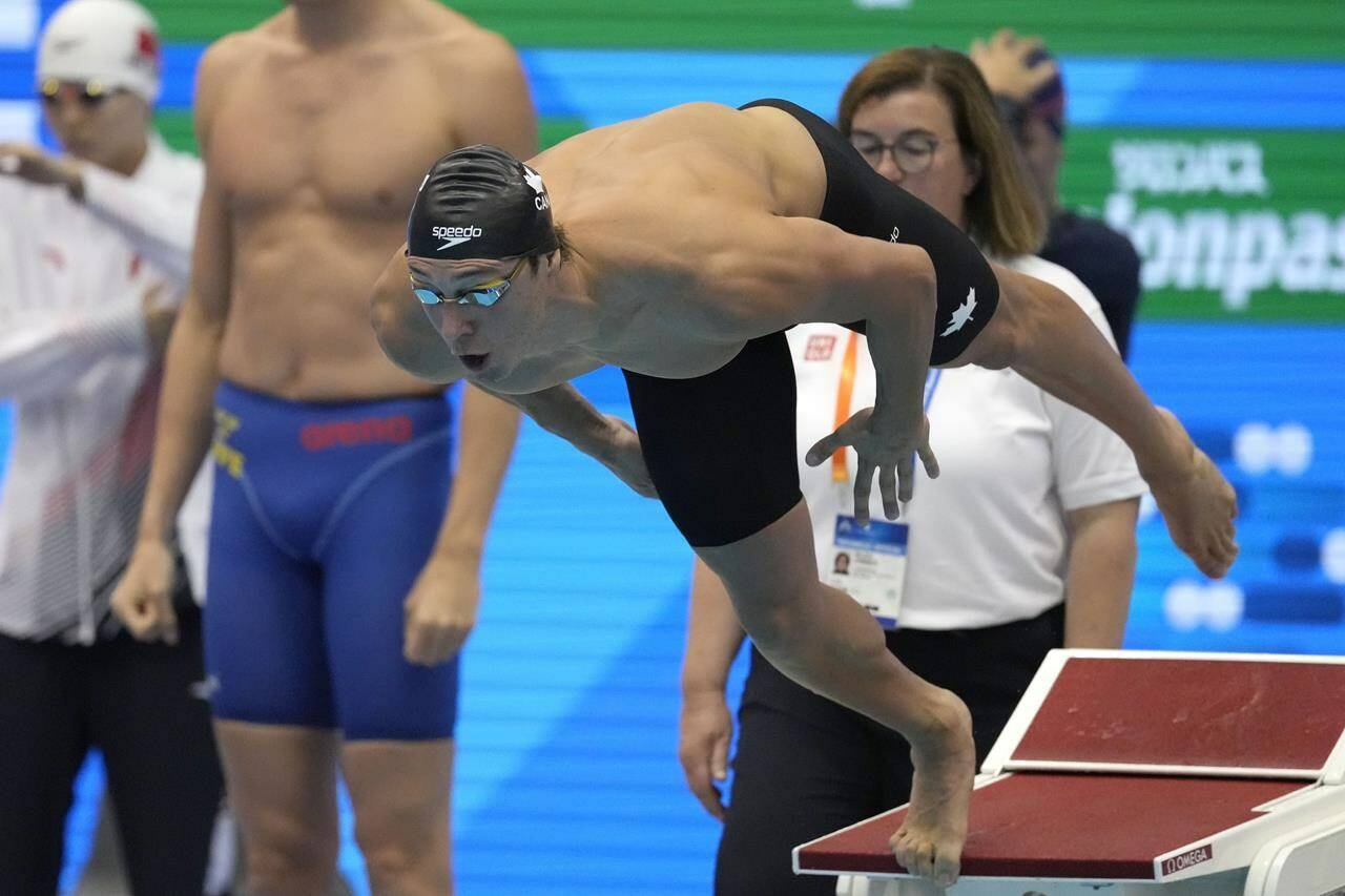 Canadian Olympic swimmer Ruslan Gaziev has been suspended 18 months for anti-doping rule violations. Gaziev competes during the mixed 4x100m relay heat at the World Swimming Championships in Fukuoka, Japan, Saturday, July 29, 2023. THE CANADIAN PRESS/AP-Lee Jin-man