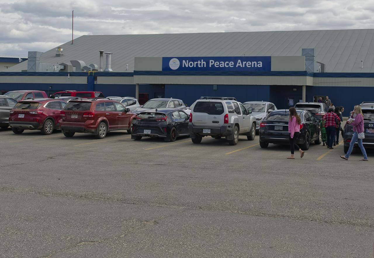 Fort Nelson, B.C. evacuees gather at the North Peace Arena in Fort St. John , B.C., on Monday, May 13, 2024. Residents in Fort Nelson are able to go home today after being evacuated for more than two weeks due to wildfires. THE CANADIAN PRESS/Jesse Boily