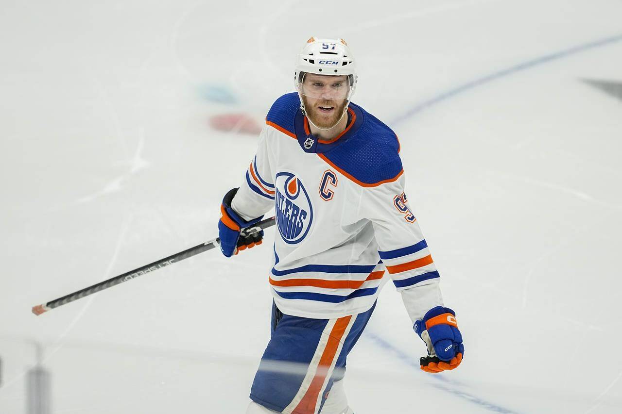 Edmonton Oilers centre Connor McDavid reacts after a ruling against him by officials during overtime in Game 1 NHL hockey Western Conference Stanley Cup playoff finals against the Dallas Stars, in Dallas, Thursday, May 23, 2024. THE CANADIAN PRESS/AP-Tony Gutierrez