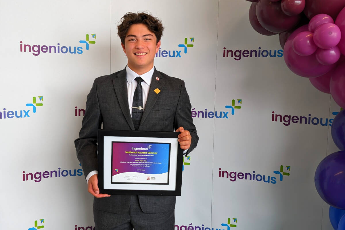 Oak Bay teen Liam Pope-Lau celebrates his Ingenious+Innovation Award during the recent Ottawa event. (Photo by Gary Lau)