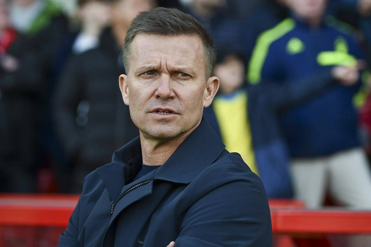 Jesse Marsch announces his first team selection as Canada coach, for high-profile June friendlies against the seventh-ranked Netherlands and No. 2 France. Marsch looks on prior to the English Premier League soccer match between Nottingham Forest and Leeds United at City Ground stadium in Nottingham, England, Sunday, Feb. 5, 2023. THE CANADIAN PRESS/AP/Rui Vieira