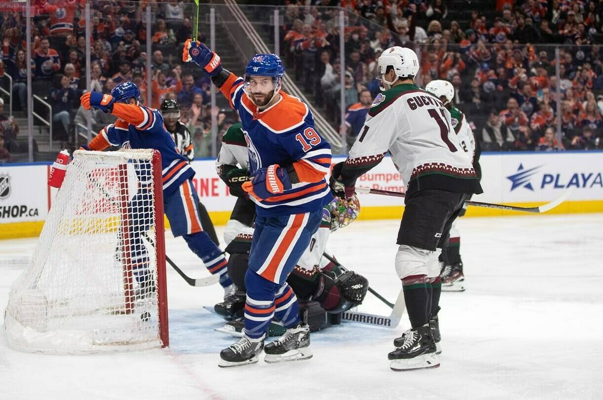 Edmonton Oilers’ Adam Henrique (19) celebrates a goal against the Arizona Coyotes during NHL action in Edmonton on Friday April 12, 2024. The veteran centre will be in the lineup tonight when his Oilers take on the Dallas Stars in Game 3 of the Western Conference final, head coach Kris Knoblauch said. THE CANADIAN PRESS/Jason Franson