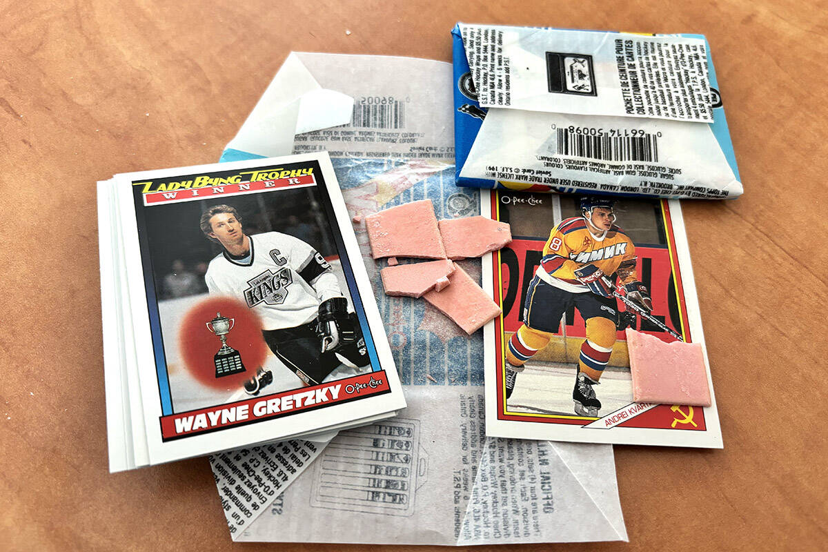 An opened pack of hockey cards (complete with gum) from 1991-92, sent in by a reader. (Philip Wolf photo)