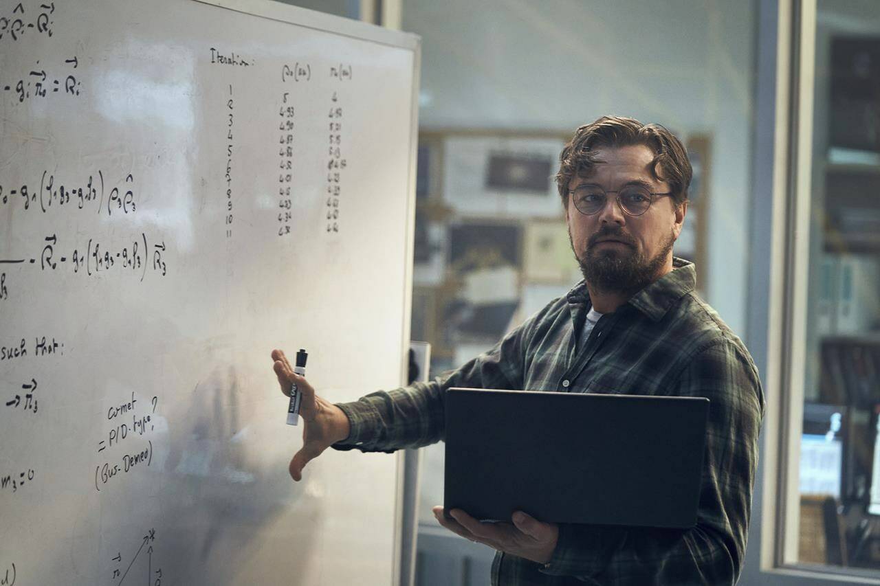 This image released by Netflix shows Leonardo DiCaprio as Dr. Randall Mindy in a scene from “Don’t Look Up.” (Niko Tavernise/Netflix via AP)