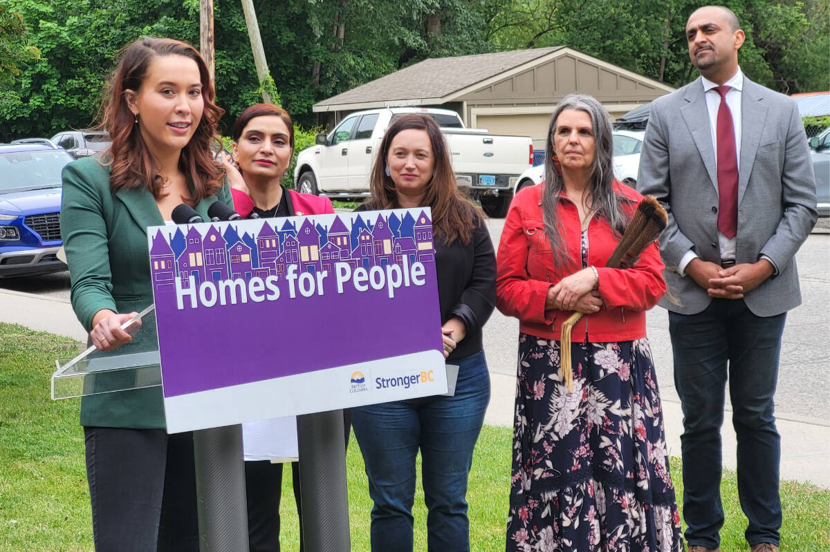 B.C. Housing Minister Ravi Kahlon (right), seen here in Vernon earlier in May, said the B.C. NDP is holding its caucus retreat in Osoyoos to learn directly from communities affected by various issues related to climate change. (Roger Knox/Morning Star)
