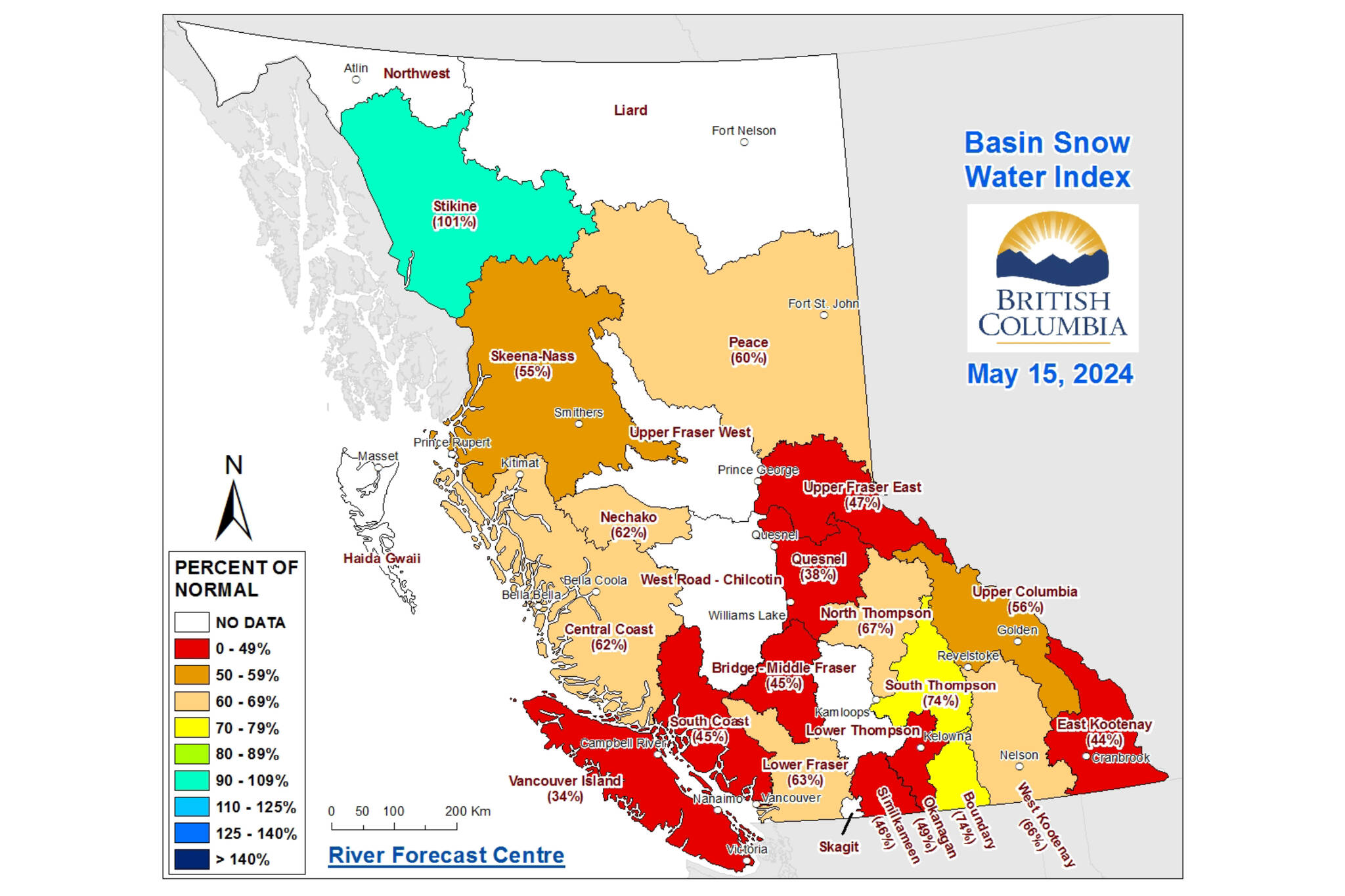 The snow pack is significantly lower than normal throughout British Columbia, with the exception of the Stikine in northwestern B.C. (BC River Forecast Centre map)