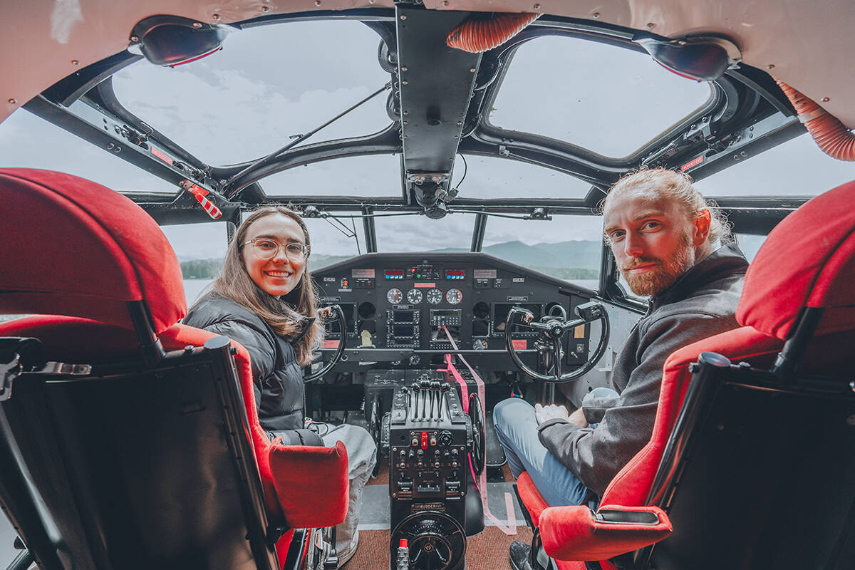Zara Rutherford sitting in the cockpit of a Martin Mars with Britton Coulson during a tour to Port Alberni this week as part of the B.C. Aviation Council conference. (Photo courtesy Christopher Anderson/Coulson Aviation)