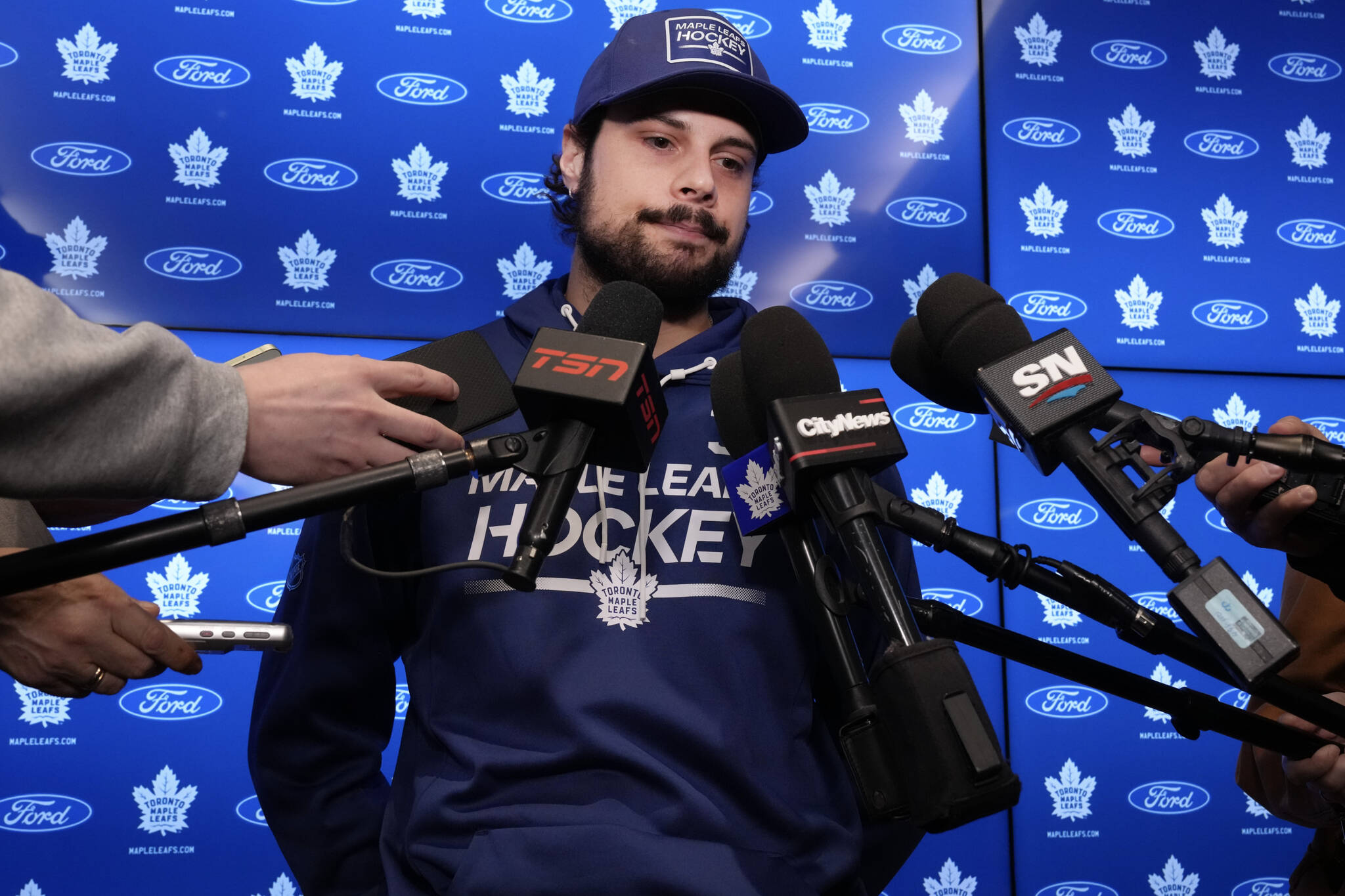 Toronto Maple Leafs’ Auston Matthews speaks to the media in Toronto on Monday May 6, 2024, after his team’s season ending loss to Boston Bruins in the first round of the NHL Stanley Cup playoffs. THE CANADIAN PRESS/Chris Young