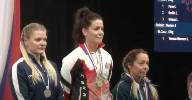 Canada’s Cynthia Leighton grabbed gold at the 2024 IPF World Bench Press Championship in Austin, Texas May 24. Niina Koninki from Finland stood second, followed by Great Britain’s Karla Evans. (Screenshot)