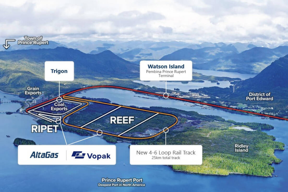 Graphic showing the geographical layout of the Ridley Island area and the Ridley Island Energy Export Facility (REEF) project. (Altgas/Royal Vopak)