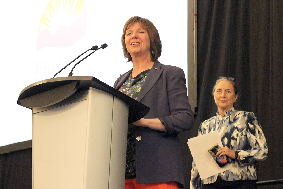 Sheila Malcolmson, B.C. minister of social development and poverty reduction, front, and Susie Chant, parliamentary secretary for accessibility, speak Thursday, May 30, at the Inclusion B.C. conference at Nanaimo’s Vancouver Island Conference Centre. (Greg Sakaki/News Bulletin)