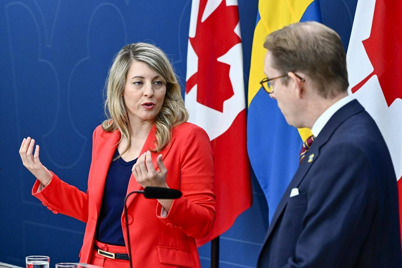 Foreign Affairs Minister Melanie Joly is suggesting Canada would support a policy of allowing Ukraine to use NATO-provided arms inside Ukraine. Joly, left, and Sweden’s counterpart Tobias Billström hold a joint news conference in Stockholm, Sweden, Wednesday May 29, 2024. THE CANADIAN PRESS/AP-TT News Agency, Anders Wiklund