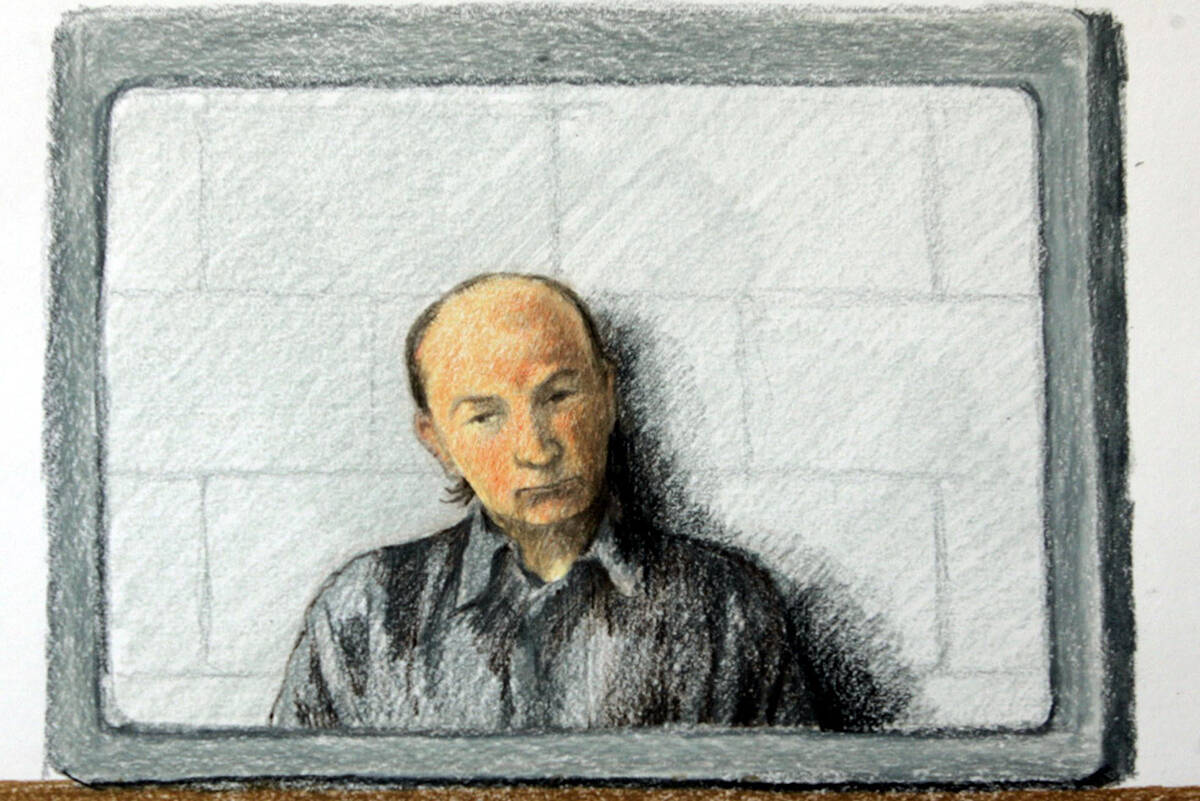 This is a artist’s drawing of Robert Pickton appearing on a video link to B.C. Supreme Court in New Westminster, Wednesday May 25, 2005. (CP PHOTO/Jane Wolsack)