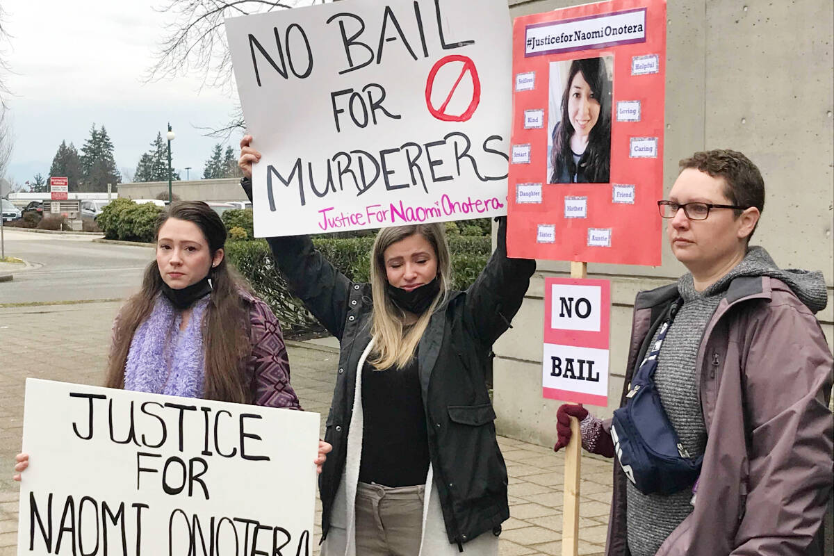 Friends and supporters of Naomi Onotera, who disappeared last August and was later found dead, were at Surrey Provincial Court on Tuesday, Feb. 15, 2022, for the bail hearing of her accused killer, Obnes Regis. (Matthew Claxton/Langley Advance Times)