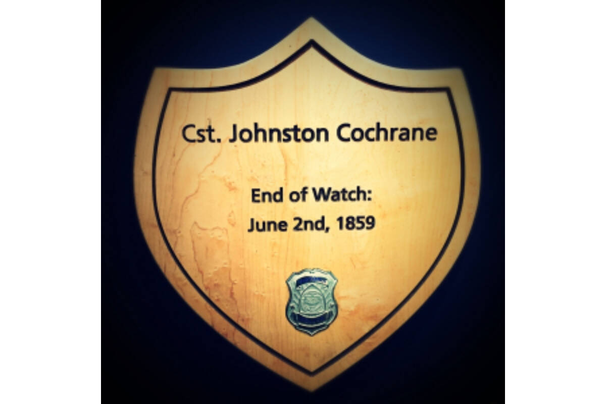 Const. Johnstone Cochrane’s memorial plaque with his badge number sits in the VicPD’s hall of honour. Six VicPD officers have lost their lives while on duty. (Photo Submitted/ VicPD)