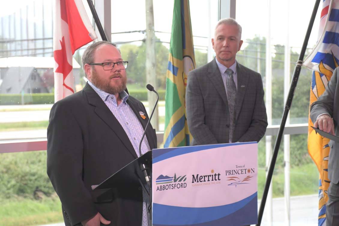 Princeton Mayor Spencer Coyne speaks Monday (June 3) at a press conference at the Clarion Hotel and Conference Centre in Abbotsford as Abbotsford Mayor Ross Siemens looks on. (Ryleigh Mulvihill/Abbotsford News)