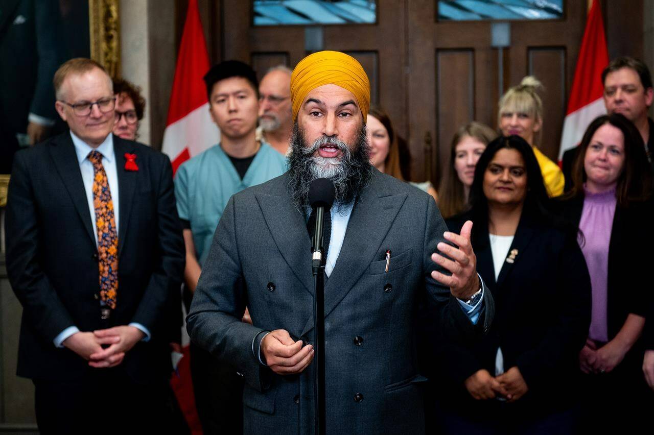 The federal New Democrats want a price cap on grocery store staples if the Liberal government can’t convince grocers to bring down the prices themselves. NDP Leader Jagmeet Singh speaks in the Foyer of the House of Commons on Parliament Hill in Ottawa, on Monday, June 3, 2024. THE CANADIAN PRESS/Spencer Colby