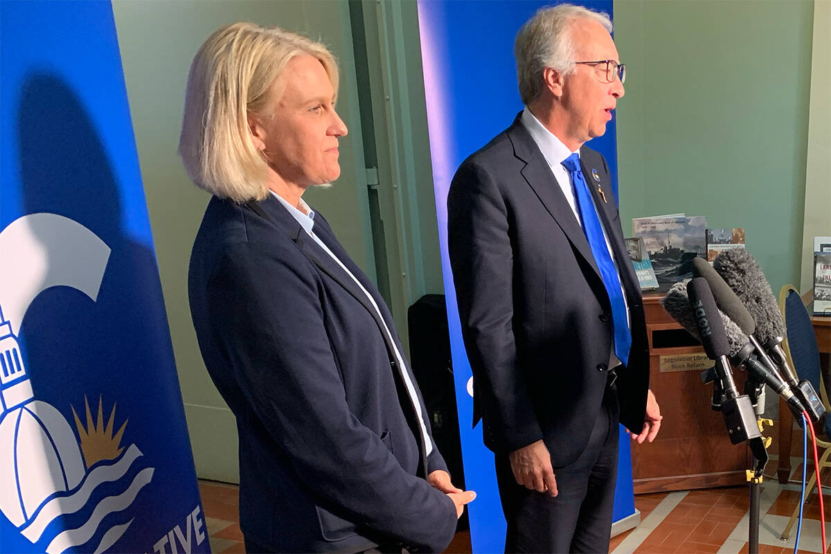 Surrey-South MLA Elenore Sturko and Conservative Party of B.C. John Rustad speak with the media Monday at the legislature after Sturko had left B.C. United for Rustad’s party. (Wolf Depner/News Staff)
