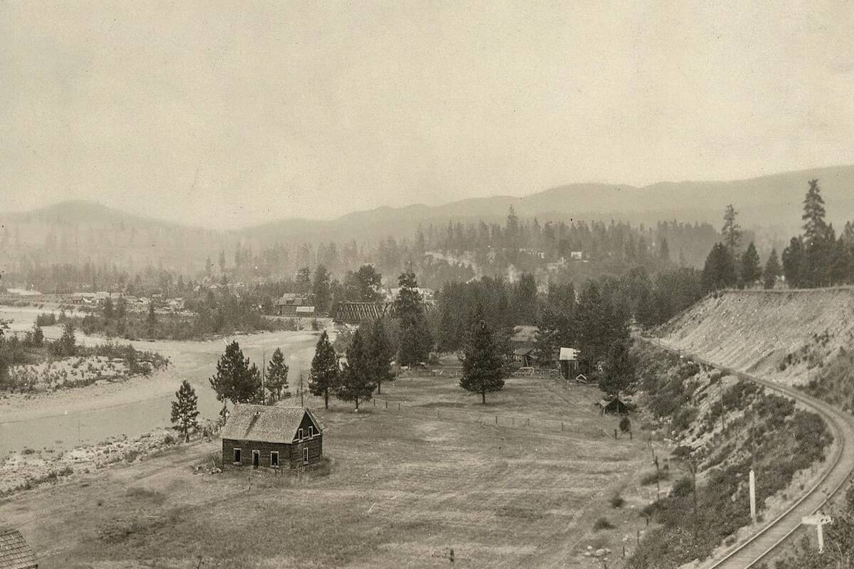 This historic photo is of the Allison Homestead in Princeton, circa 1920. In the background, KVR rail bridge and confluence of Similkameen and Tulameen rivers. ~ Princeton & District Museum Collection