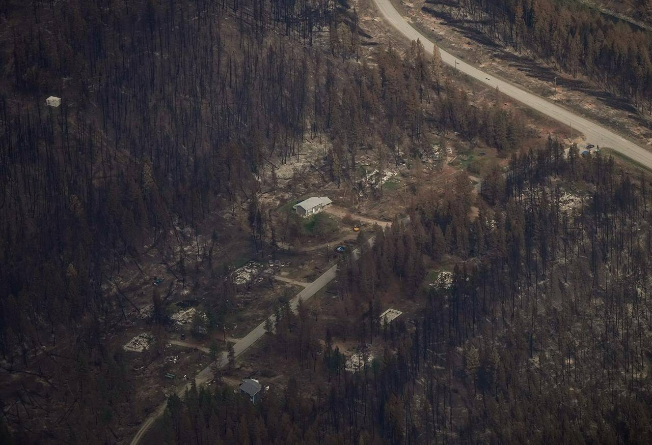 Structures and trees burned by the Bush Creek East Wildfire are seen near Lee Creek, B.C., on Monday, September 11, 2023. Canadian federal, provincial and territorial forestry ministers have signed on to a national strategy they say aims to raise awareness of wildfire risks across the country. THE CANADIAN PRESS/Darryl Dyck