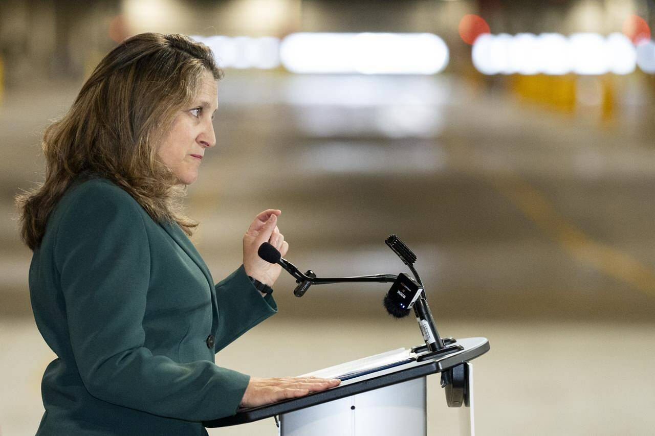 The Liberal government plans to take the first legislative step Monday toward increasing the inclusion rate on capital gains. Chrystia Freeland, Deputy Prime Minister and Minister of Finance speaks during a press conference at a transit bus maintenance facility in Brampton, Ont., on Friday, June 7, 2024. THE CANADIAN PRESS/Arlyn McAdorey