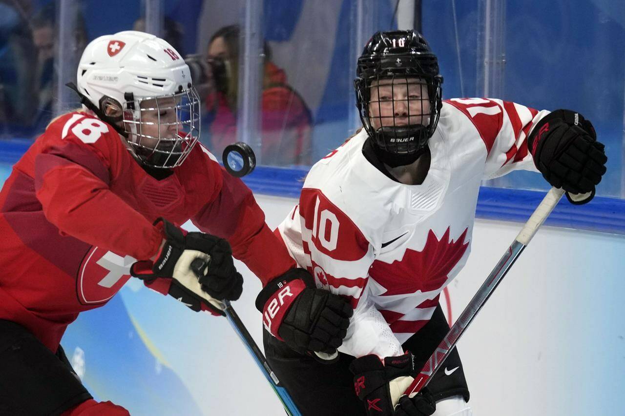 FILE -Switzerland’s Stefanie Wetli (18) and Canada’s Sarah Fillier (10) battle for the puck during a women’s semifinal hockey game at the 2022 Winter Olympics, Monday, Feb. 14, 2022, in Beijing. Sarah Fillier is ready to shelve her Princeton education and focus on hockey in entering the PWHL draft, where she is projected to be selected first on Monday, JUne 10, 2024. (AP Photo/Petr David Josek, File)