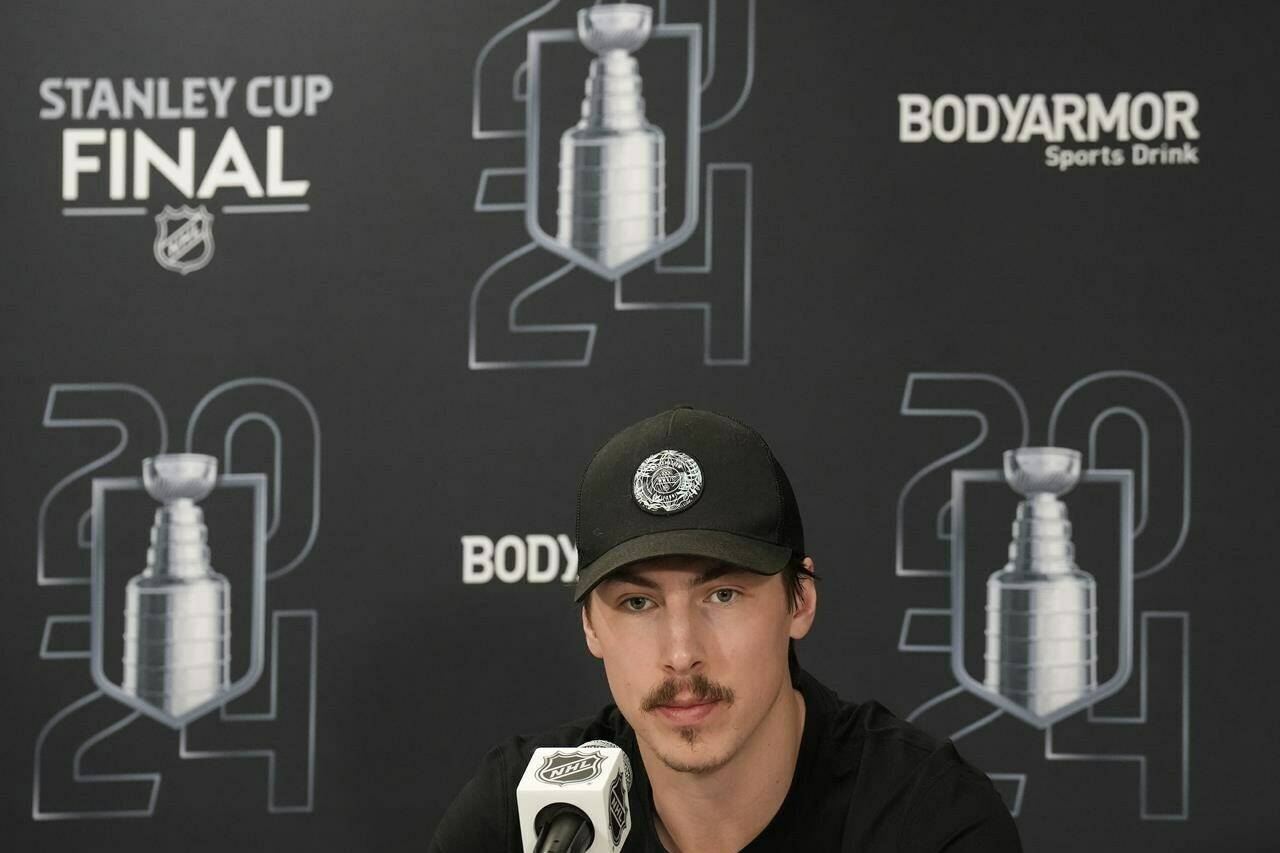 Edmonton Oilers forward Ryan Nugent-Hopkins speaks to the media following Game 1 of the NHL Stanley Cup final against the Florida Panthers in Fort Lauderdale, Fla., Sunday, June 9, 2024. THE CANADIAN PRESS/Nathan Denette