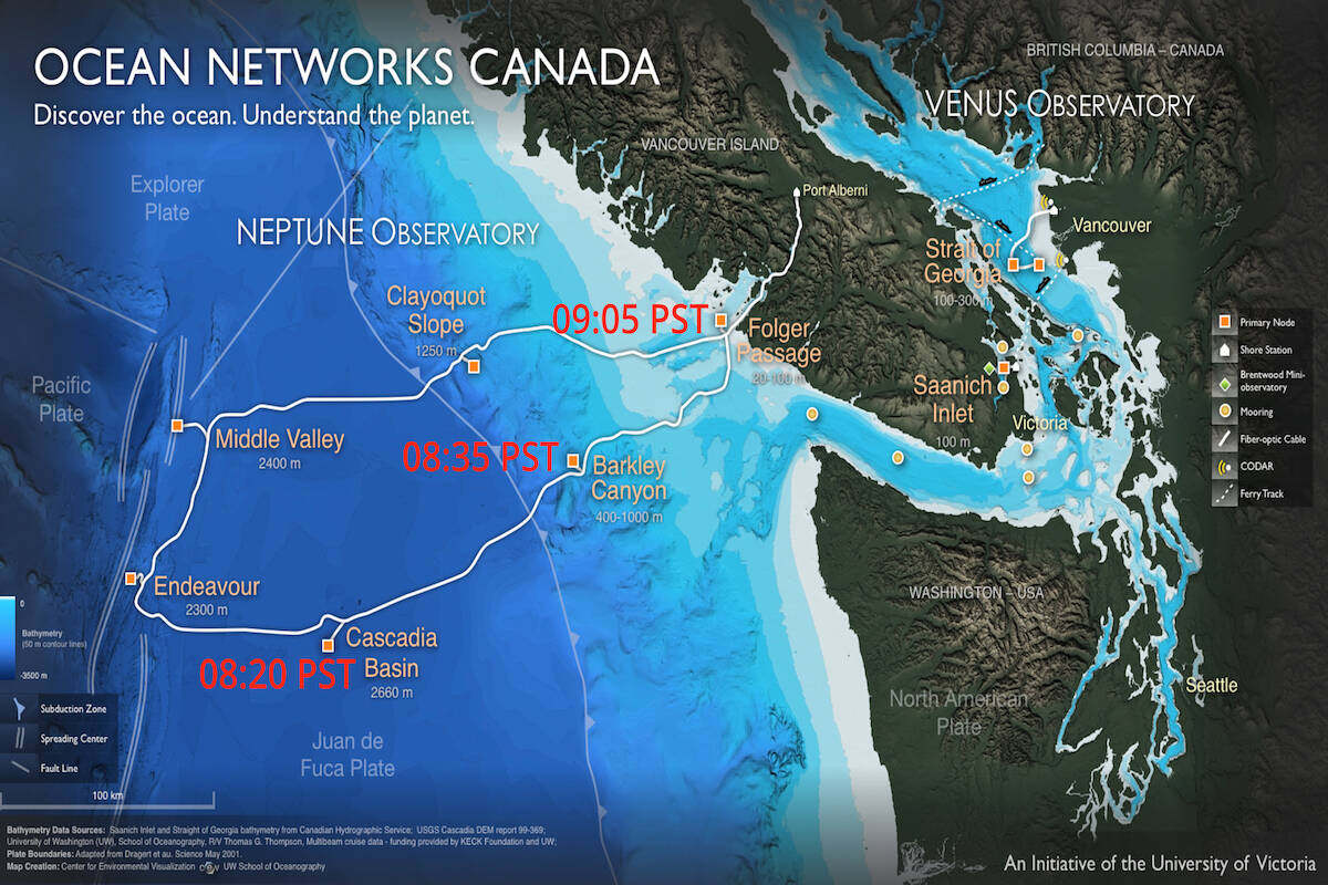 This map of Ocean Networks Canada’s offshore NEPTUNE cabled networks shows arrival times of the tsunami waves caused by the Tonga volcano. (Photo courtesy of Ocean Networks Canada)