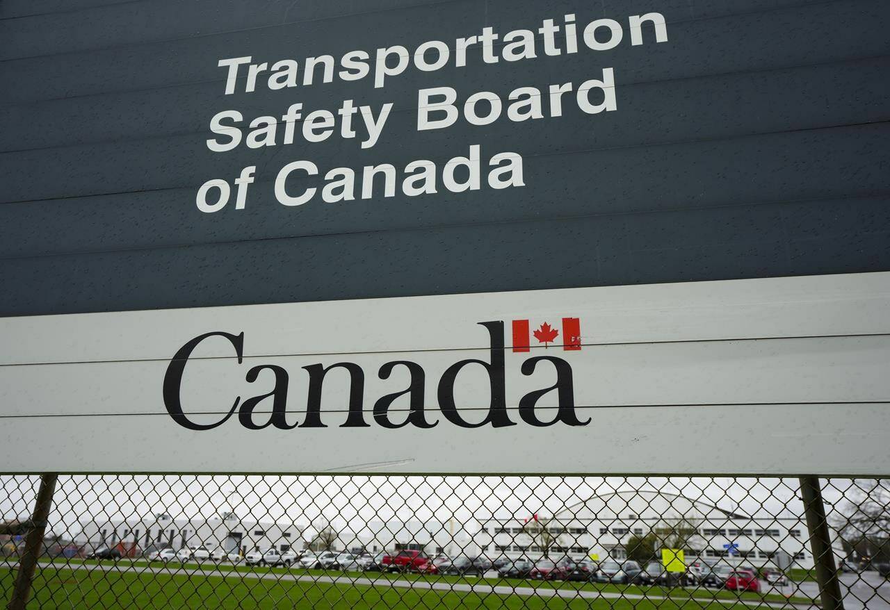 Investigators say they will recover and examine in the next few days the wreckage of a seaplane that collided with a pleasure boat in Vancouver’s downtown harbour. Transportation Safety Board of Canada (TSB) signage is pictured outside TSB offices in Ottawa on Monday, May 1, 2023. THE CANADIAN PRESS/Sean Kilpatrick