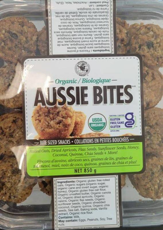 Universal Bakery brand Organic Aussie Bites are shown in this undated handout photo. The Canadian Food Inspection Agency is recalling Universal Bakery brand Organic Aussie Bites, saying the product contains gluten which is not declared on the label. THE CANADIAN PRESS/HO, *MANDATORY CREDIT*