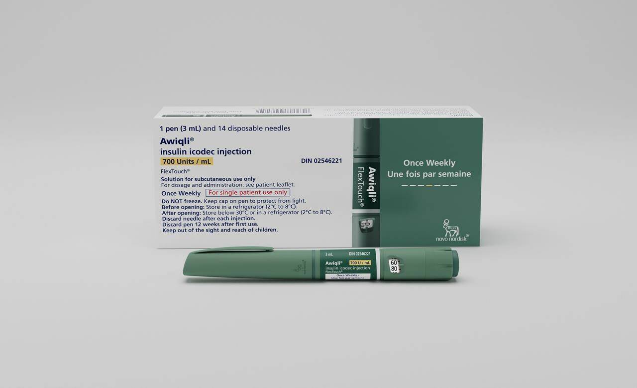 Insulin icodec, which will be sold under the brand name Awiqli, is shown in a handout photo. Canada is the first country to get the product, which was approved by Health Canada in March for the treatment of adults with Type 1 and Type 2 diabetes. HO/THE CANADIAN PRESS