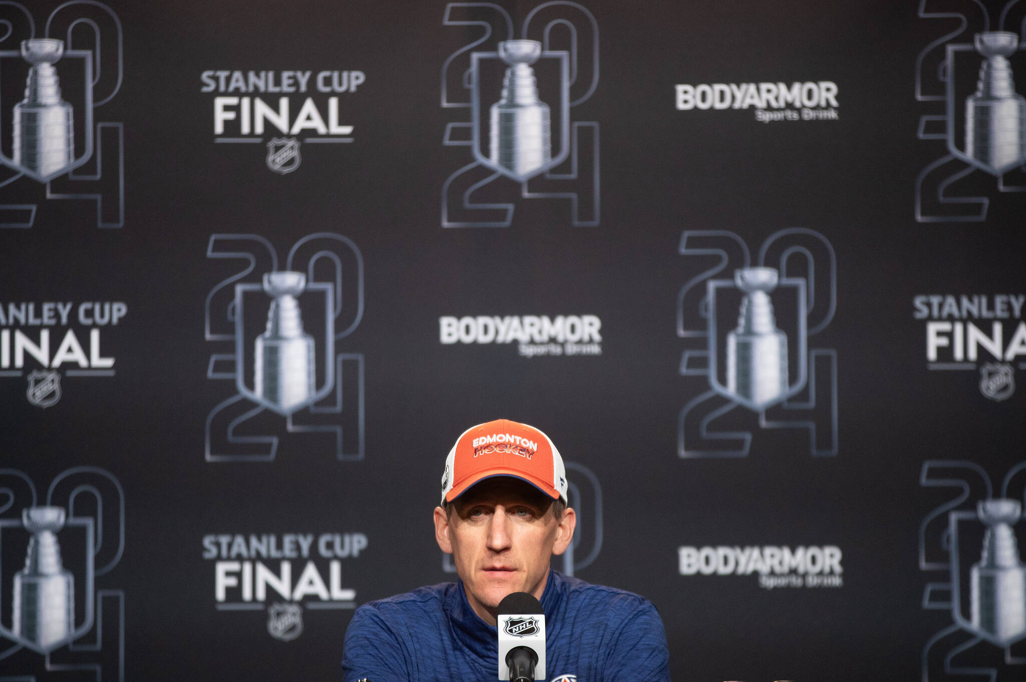 Edmonton Oilers head coach Kris Knoblauch speaks during a press conference before they took on the Florida Panthers in Thursday’s game 3 of the NHL Stanley Cup playoffs in Edmonton on Wednesday June 12, 2024.THE CANADIAN PRESS/Jason Franson
