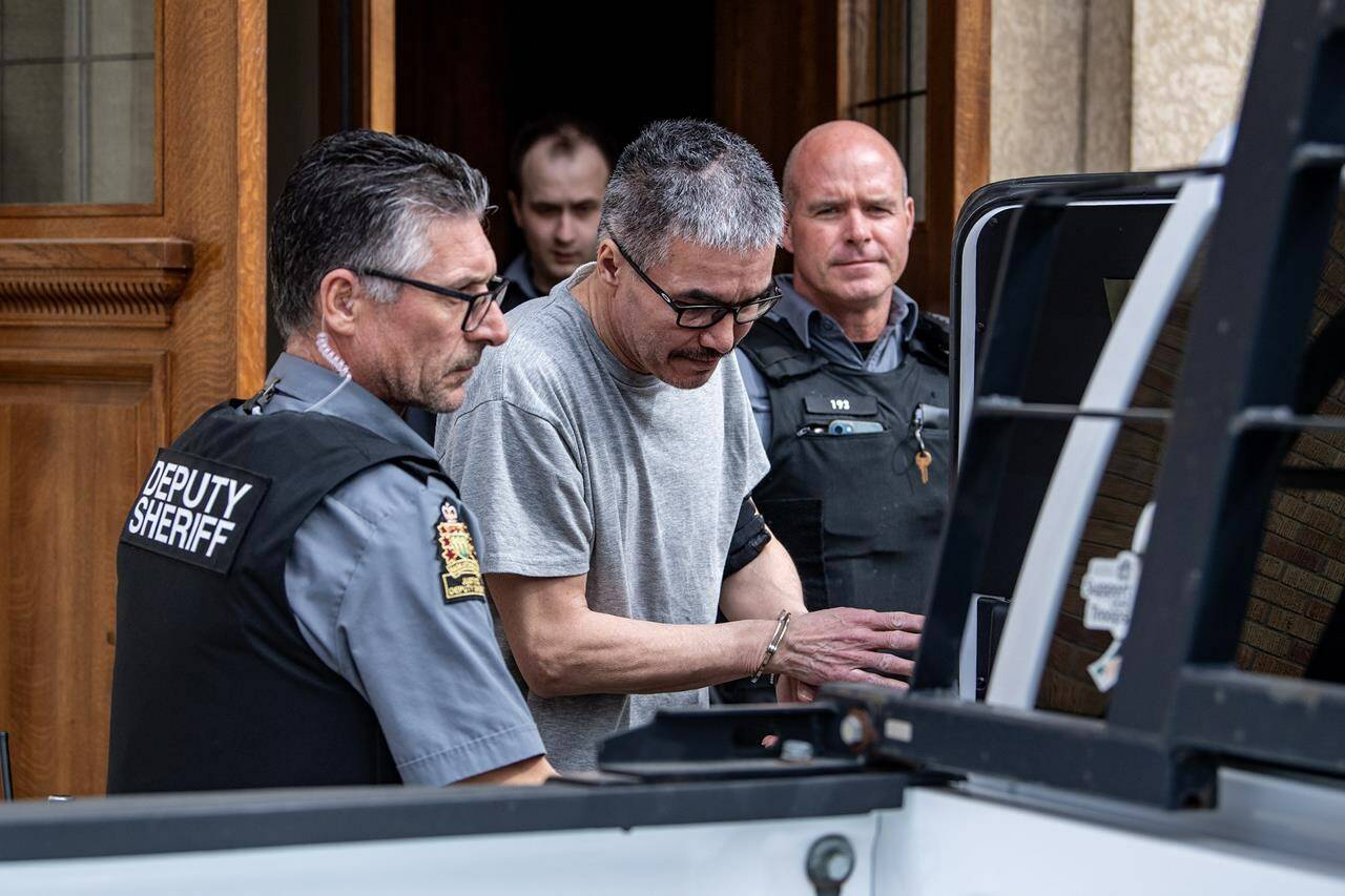 Former RCMP officer Bernie Herman exits the Court of King’s Bench in Prince Albert, Sask., Thursday, April 25, 2024. A judge is expected to give his sentencing decision today for a former Saskatchewan Mountie who shot and killed his lover in a park. THE CANADIAN PRESS/Liam Richards