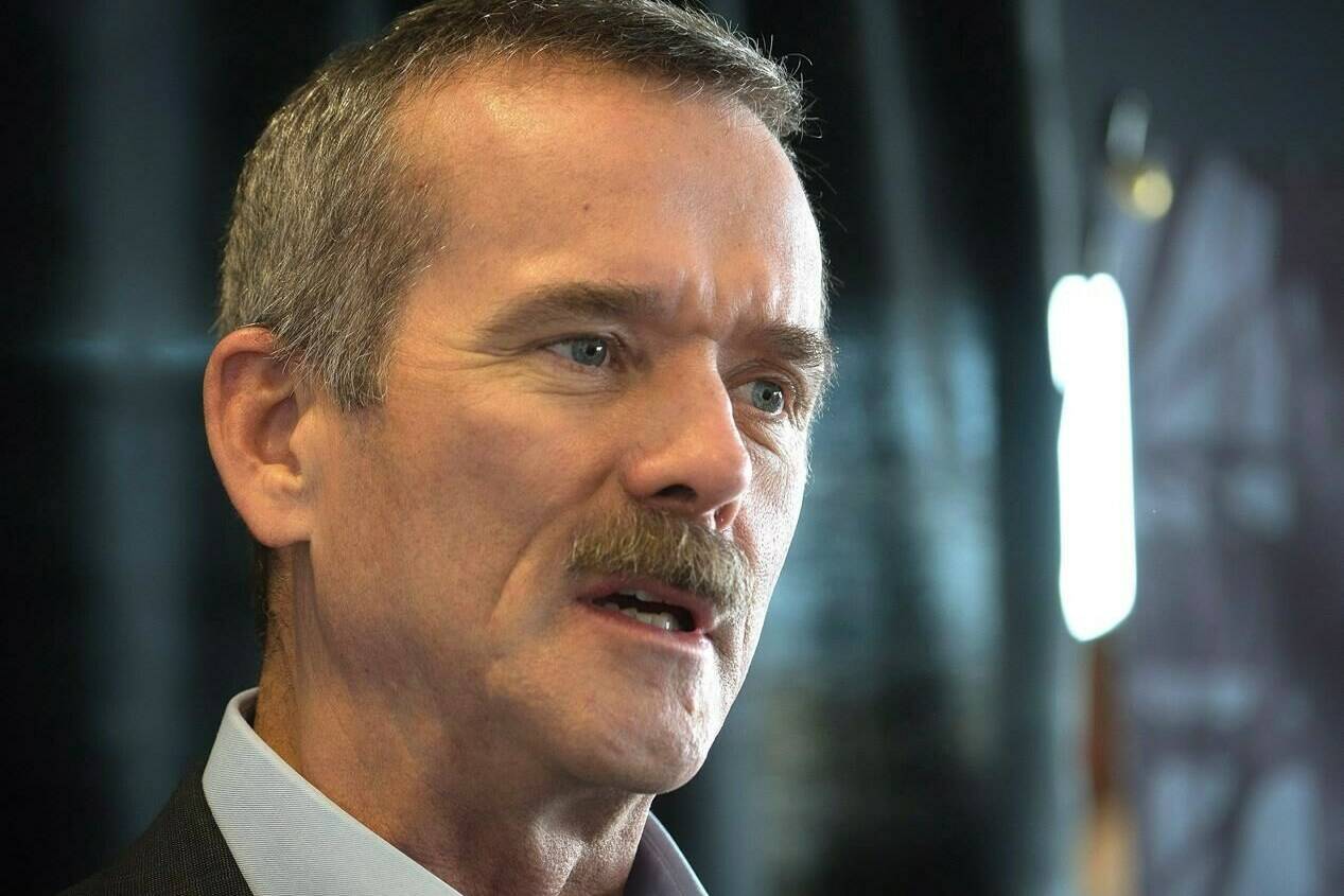 Retired astronaut Col. Chris Hadfield talks about his own extraordinary stories of leadership as one of the keynote speakers at the Greatness in Leadership business management event in Lethbridge, Alberta on Tuesday, Feb. 23, 2016. THE CANADIAN PRESS/David Rossiter