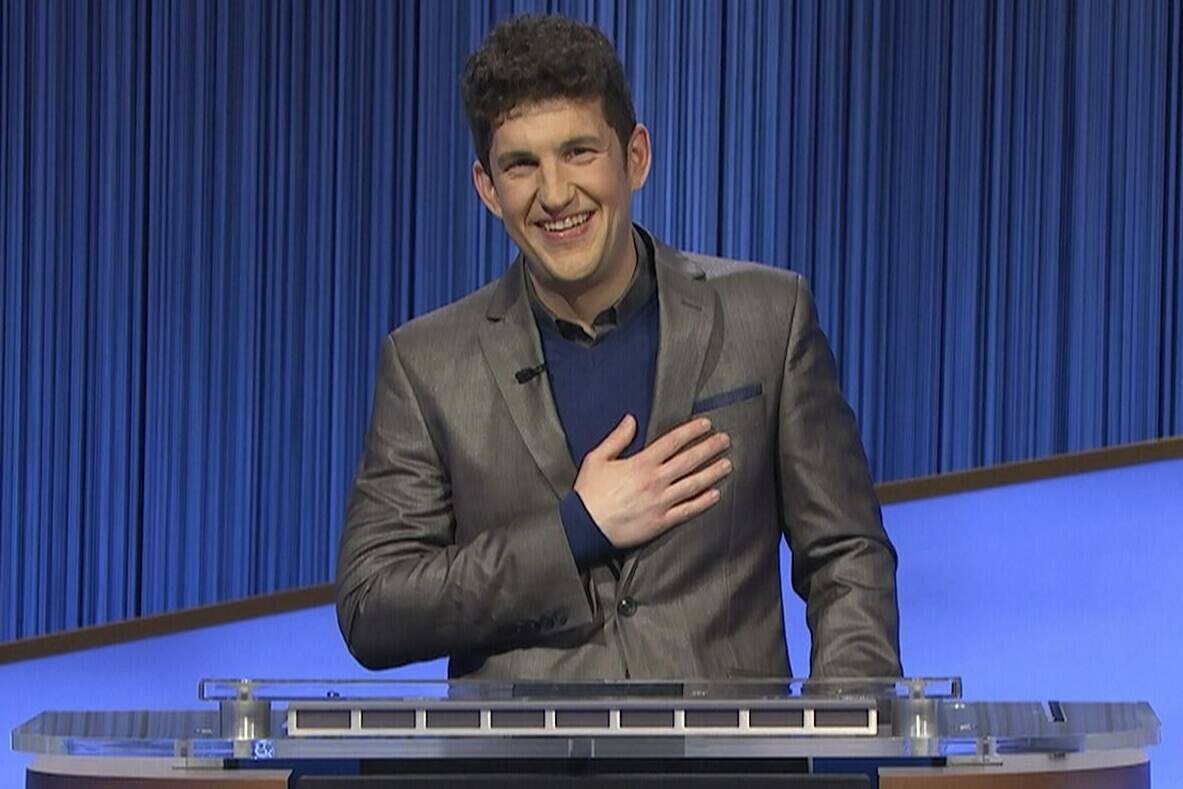 This photo provided by Jeopardy Productions Inc. shows “Jeopardy!” contestant Matt Amodio during a taping of the popular game show. Amodio’s historic run on “Jeopardy!” ended on Monday’s show, leaving the Yale doctoral student with 38 wins and more than $1.5 million in prize money. (Jeopardy Productions Inc. via AP)