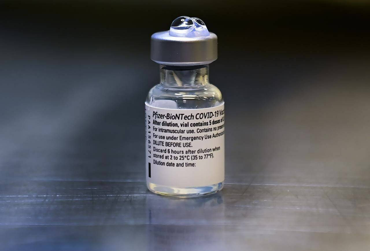 A vial of the Pfizer-BioNTech COVID-19 vaccine is shown at a clinic in Toronto on Thursday, January 7, 2021. THE CANADIAN PRESS/Nathan Denette