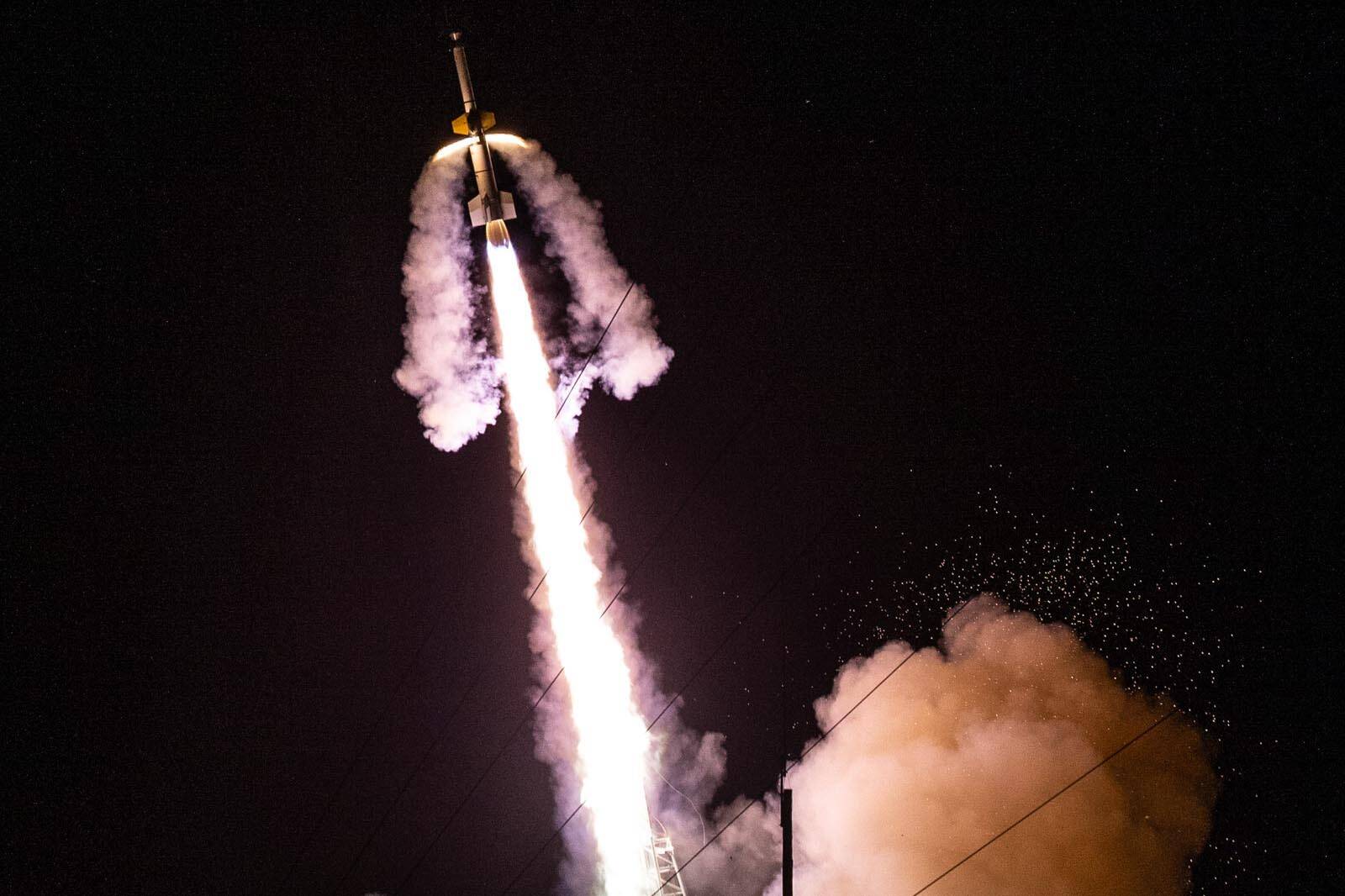 The NASA Black Brant XII rocket lifts off with the KiNET-X experiment at Wallops Flight Facility in Virginia on May 16, 2021. (Terry Zaperach / NASA)
The NASA Black Brant XII rocket lifts off with the KiNET-X experiment at Wallops Flight Facility in Virginia on May 16, 2021. (Terry Zaperach / NASA)