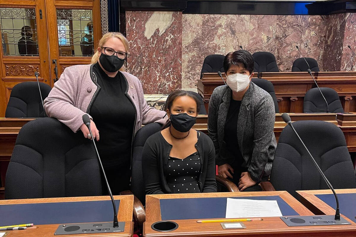 Left to right, Chilliwack-Kent MLA Kelli Paddon, Eevah Macdonald, and Vancouver-Kensington MLA Mable Elmore inside the Legislature in Victoria on Oct. 21, 2021. (Submitted)