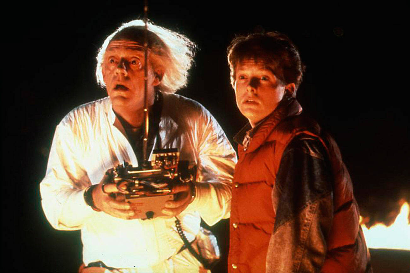 The 1985 movie Back to the Future starred Christopher Lloyd, left, Michael J. Fox. Do you know the year Fox’s character, Marty McFly, visited in this story of time travel? (MCA/Universal Pictures photo)