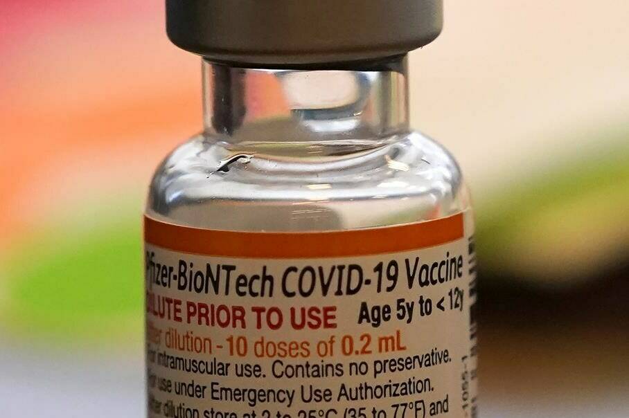 A vial of the Pfizer-BioNTech COVID-19 vaccine for children 5 to 12 years old sits ready for use at a vaccination site in Fort Worth, Texas, Thursday, Nov. 11, 2021. THE CANADIAN PRESS/AP-LM Otero