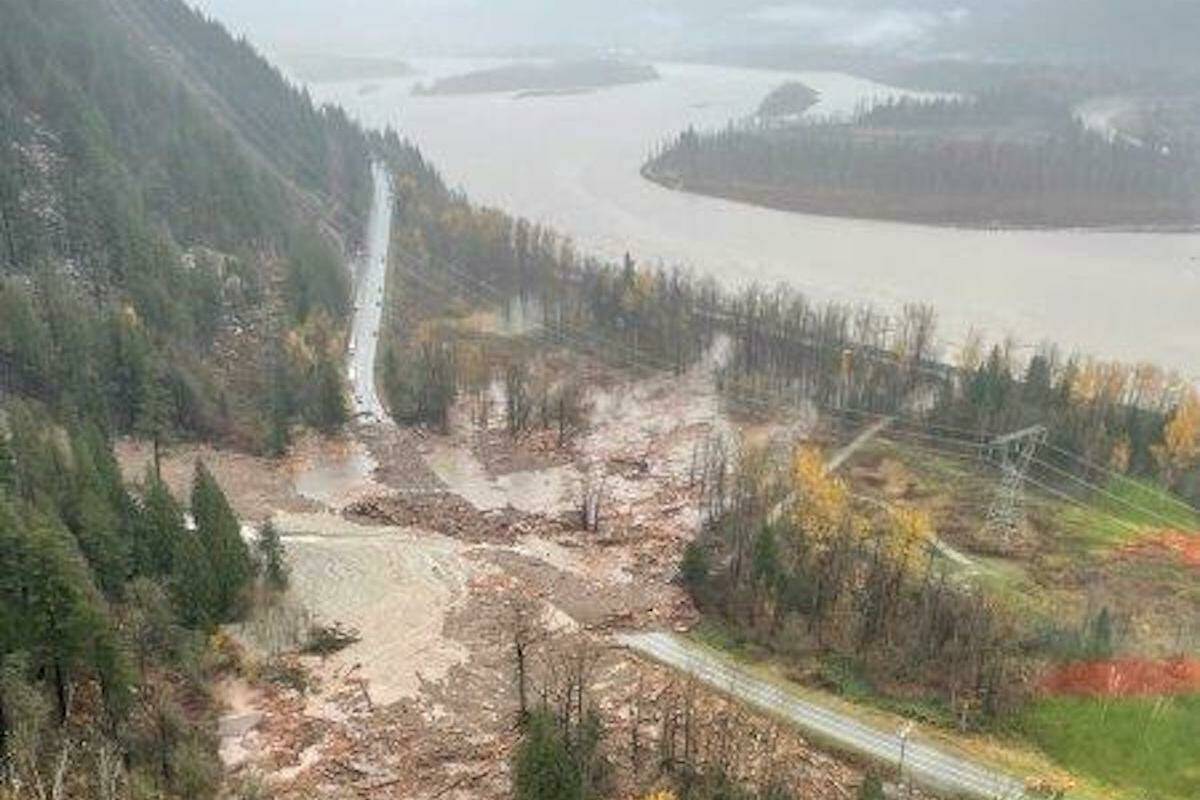 Mudslide that's closed Highway 7 near Agassiz on Sunday, Nov. 14, 2021, leaving more than 100 people trapped along the route. (B.C. Transportation Ministry photo)